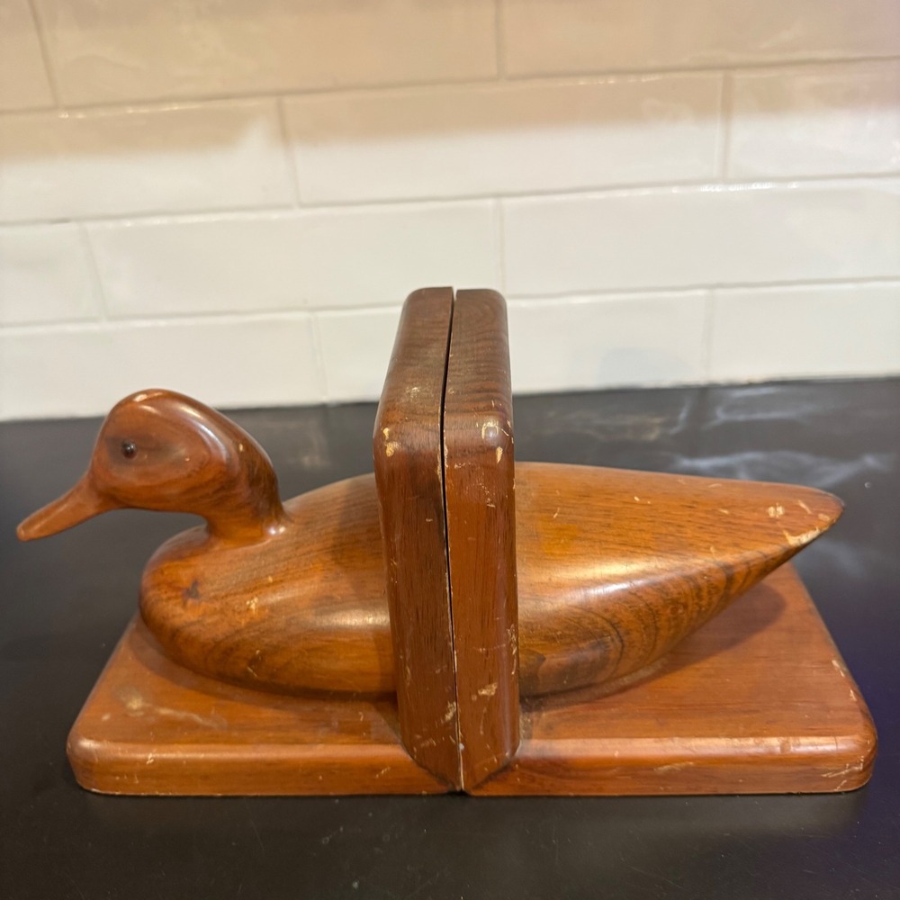 Duck Bookends Home Decor Brown Carved Wood Mallard Pair Rustic Cabin Style